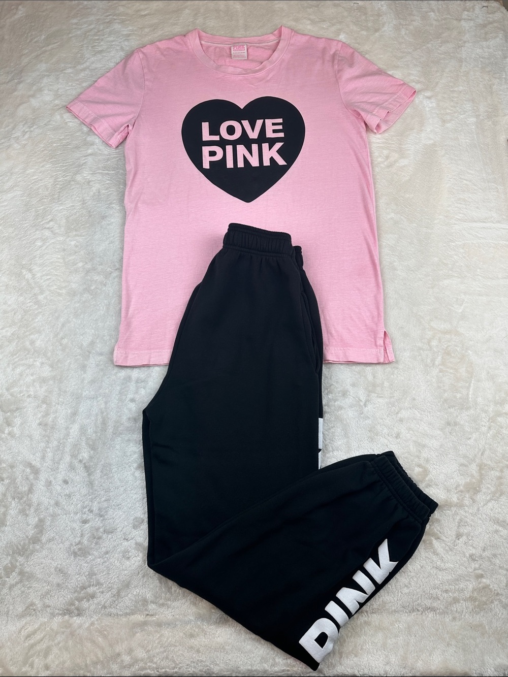 Victoria’s Secret PINK Love Pink Heart Tee Jogger Sweatpants XS 2PC Outfit